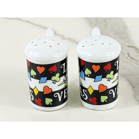 Salt & Pepper Shakers Las Vegas Souvenir 80s Porcelain 2 1/4" Cards Dice Design - Picture 7 of 12